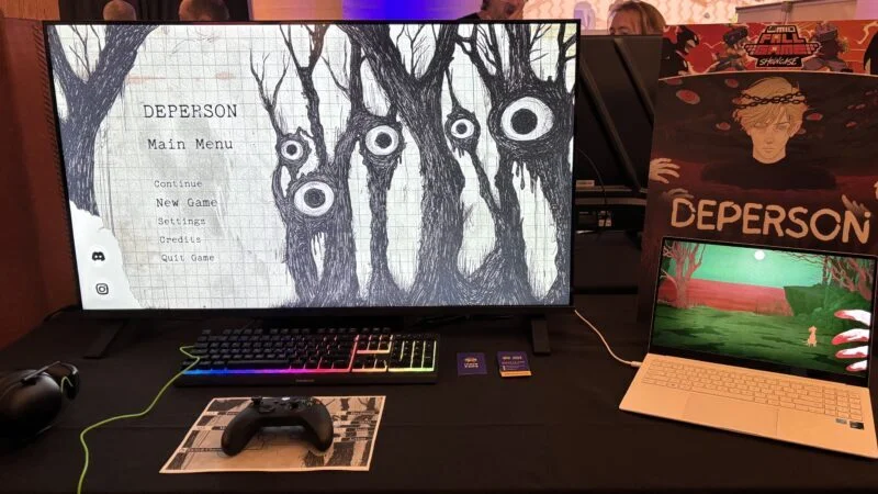 PAX West 2026: A screen with a doodle-style image, with the Deperson logo to one side.