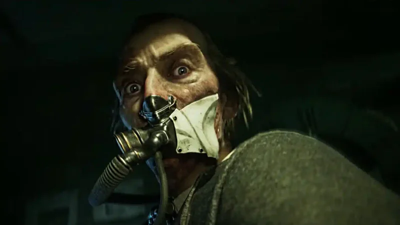 Saw Genesis: a terrified person wearing a makeshift gas mask stares at the camera.